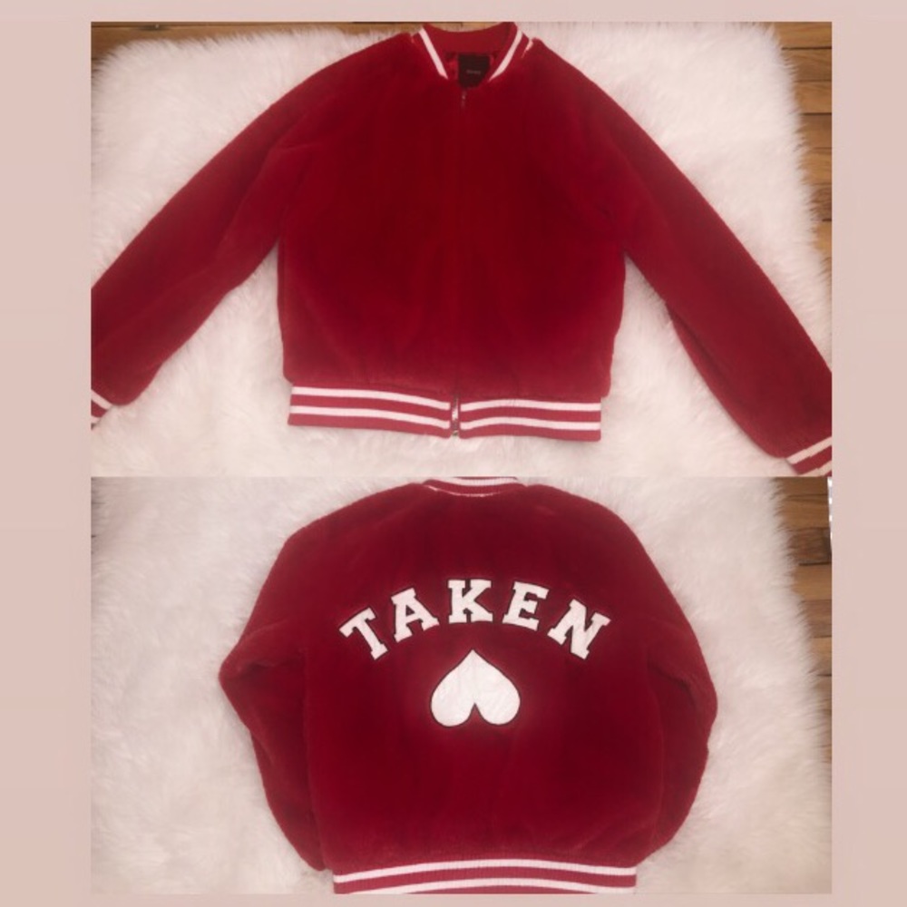 Red and White puffer jacket.